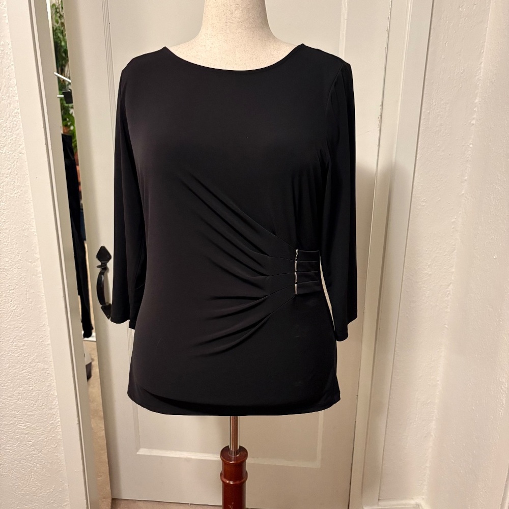 CALVIN KLEIN Black Jersey Wrap Pullover Top with Gold Tone Detailing, Sz L